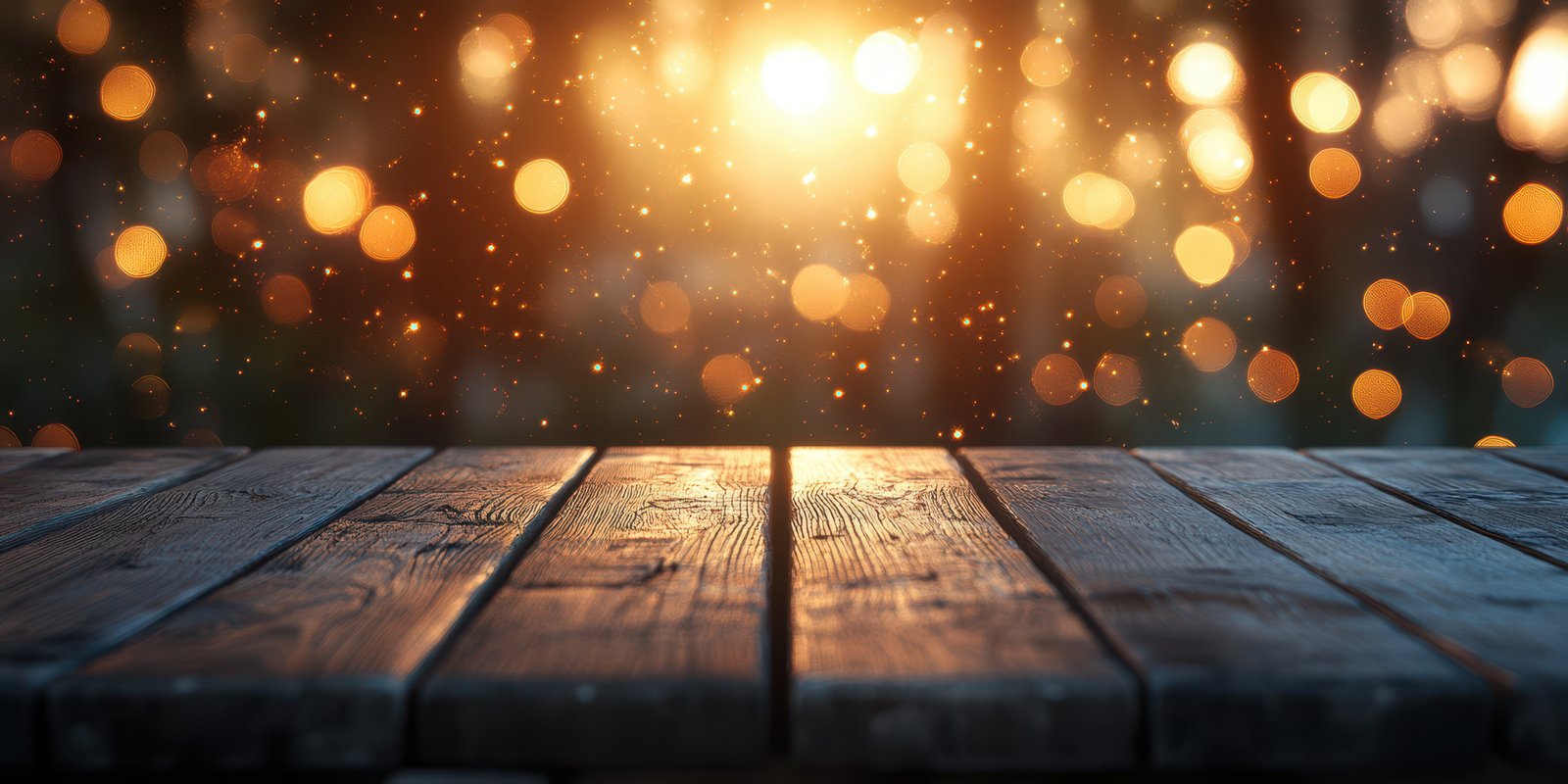 Warm sunlight creating a magical glow over a wooden table in an outdoor setting during twilight